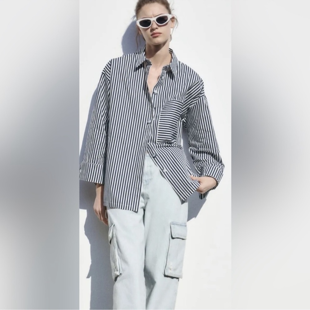 Zara Women's Striped Poplin Button Shirt Blue/White